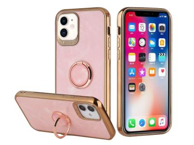 Electroplated Chrome Textured Marble TPU Design Case Cover With Ring Stand For iPhone 12/Pro In Pink