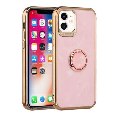 Electroplated Chrome Textured Marble TPU Design Case Cover With Ring Stand For iPhone 12/Pro In Pink