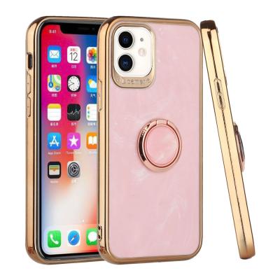 Electroplated Chrome Textured Marble TPU Design Case Cover With Ring Stand For iPhone 12/Pro In Pink