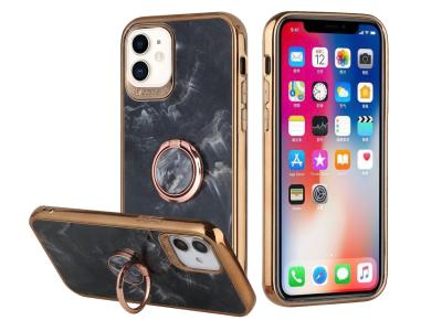 Electroplated Chrome Textured Marble TPU Design Case Cover With Ring Stand For iPhone 12/Pro In Black