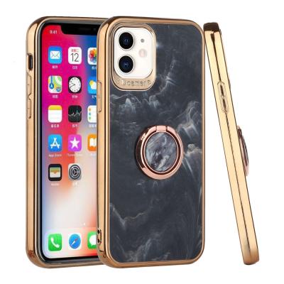 Electroplated Chrome Textured Marble TPU Design Case Cover With Ring Stand For iPhone 12/Pro In Black