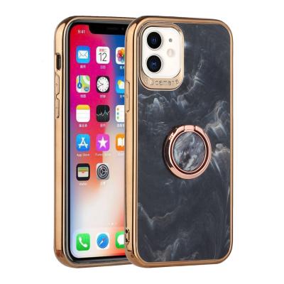 Electroplated Chrome Textured Marble TPU Design Case Cover With Ring Stand For iPhone 12/Pro In Black